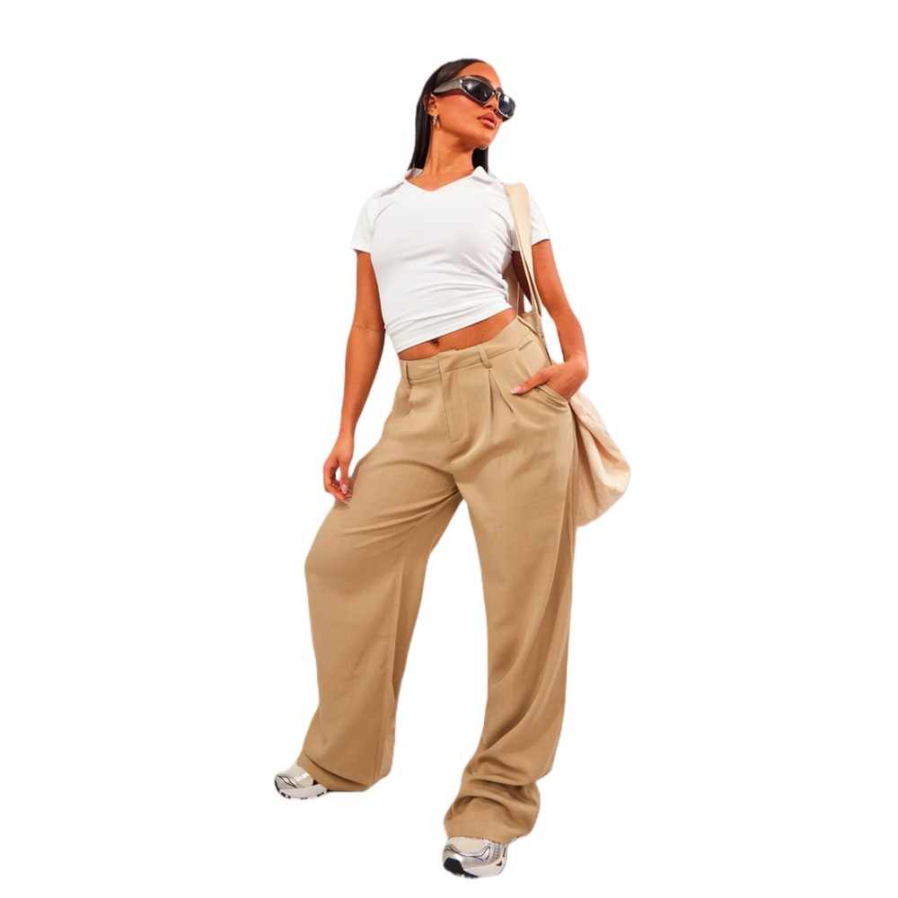 Pretty Little Thing Woven Tailored Wide Leg Trousers in Natural Stone
